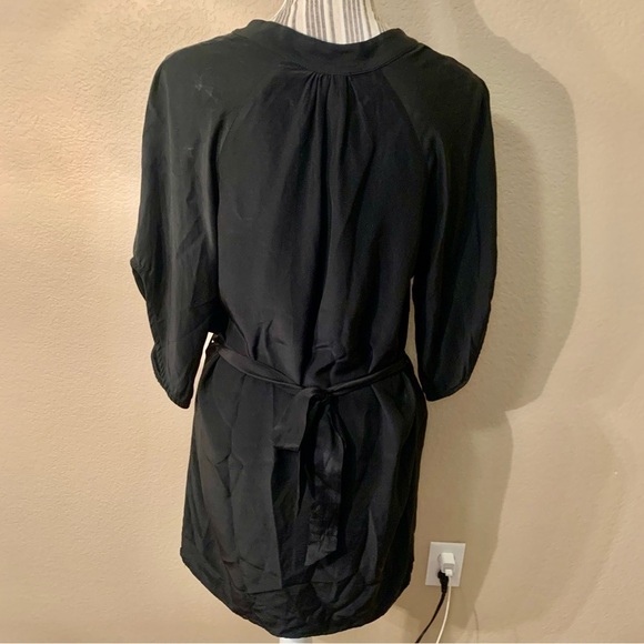 100% Silk Mini Dress Small Viereck Black Flowy V-Neck Tie Belt Short Sleeves - Picture 13 of 16